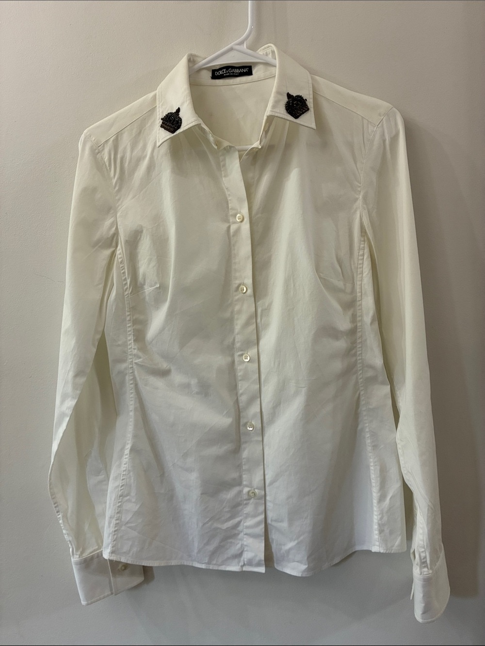 Dolce & Gabbana white Button-Down Shirt with Black Embellished Collar - size 42